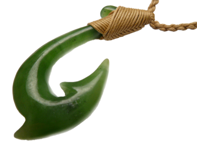 Green Jade Carved Fishhook on Adjustable Hemp Cord 24x42mm