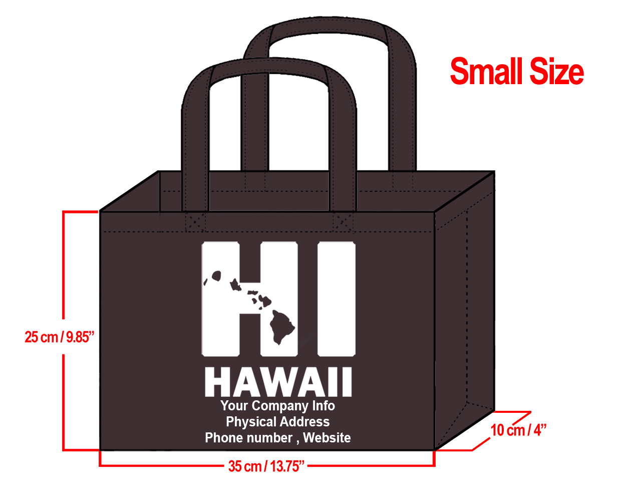 SMALL Brown-25x35x10cm HI Hawaii Island Design & Your Info In White