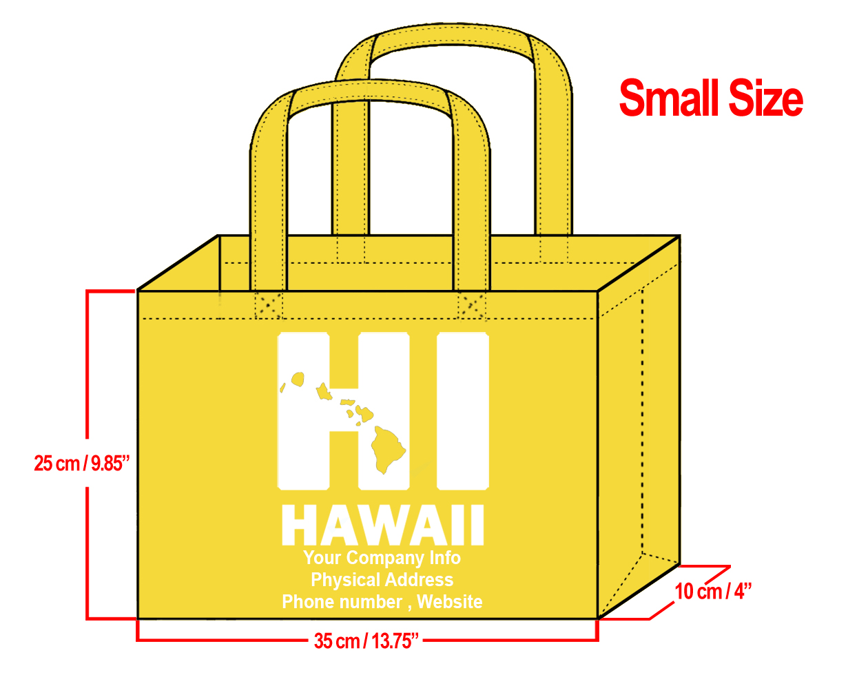 SMALL Yellow-25x35x10cm HI Hawaii Island Design & Your Info In White