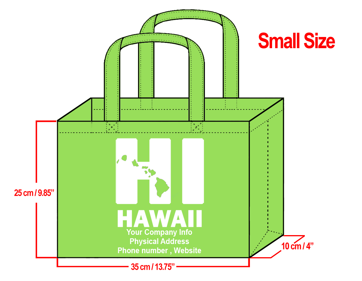 SMALL Lime-25x35x10cm HI Hawaii Island Design & Your Info In Whiite