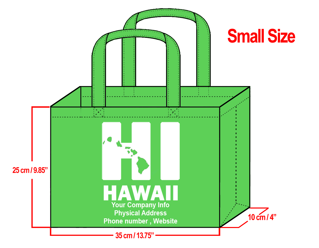 SMALL Green-25x35x10cm HI Hawaii Island Design & Your Info In White