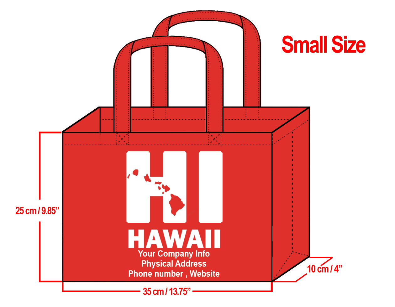 SMALL Red-25x35x10cm HI Hawaii Island Design & Your Info In White
