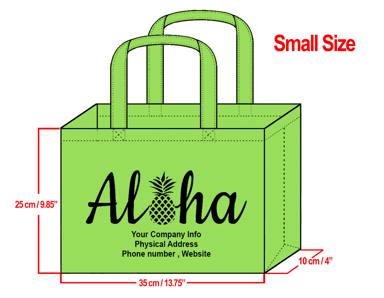 SMALL Lime-25x35x10cm Aloha Pineapple Design & Your Info In Bla