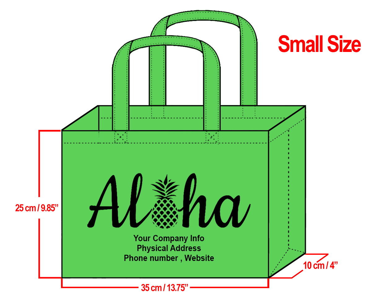 SMALL Green-25x35x10cm Aloha Pineapple Design & Your Info In Bl
