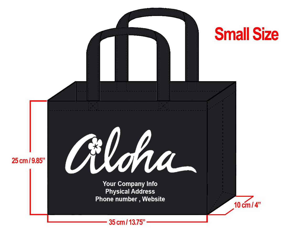 SMALL Black-25x35x10cm Plumeria Aloha Design & Your Info In White