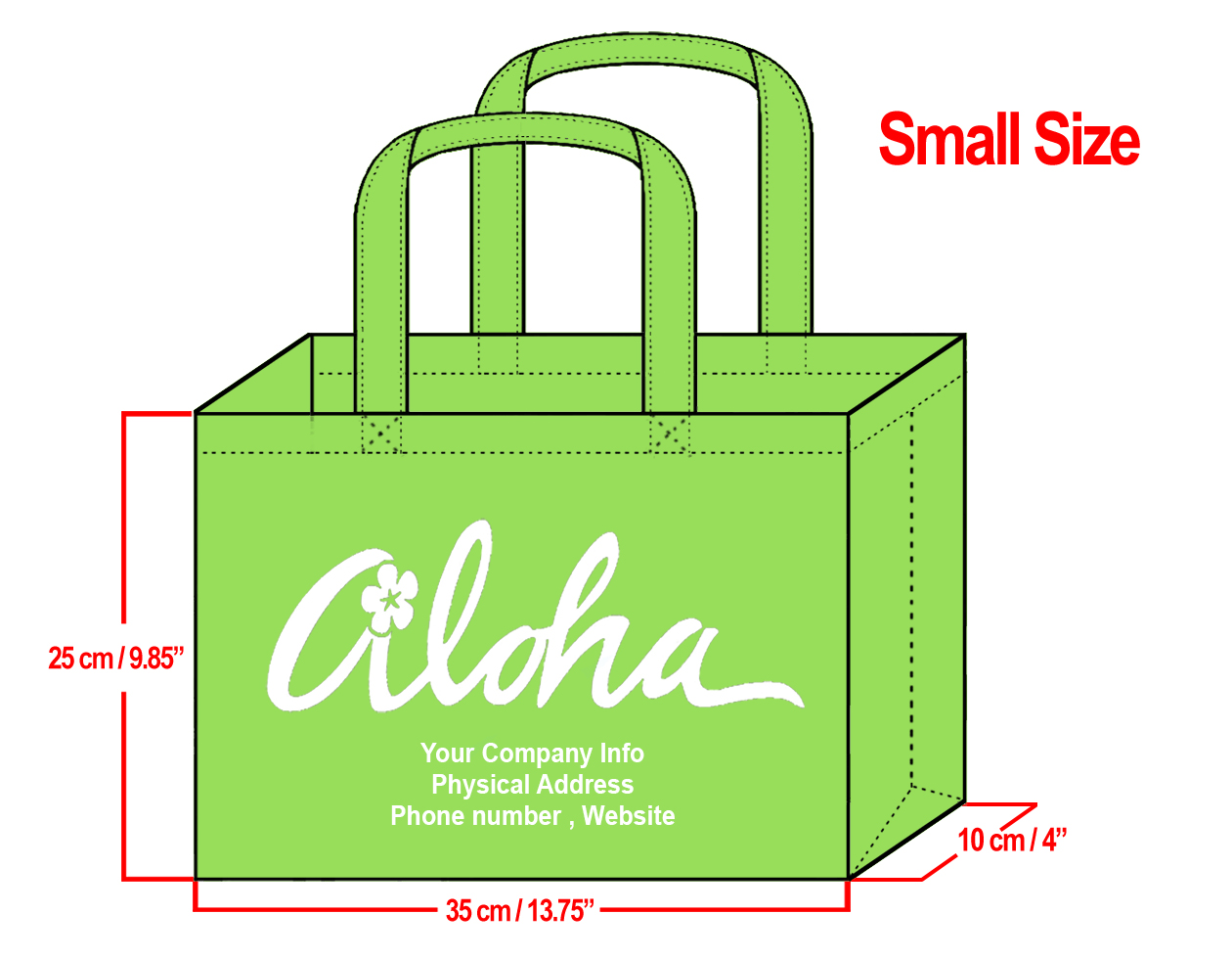 SMALL Lime-25x35x10cm Plumeria Aloha Design & Your Info In Whi
