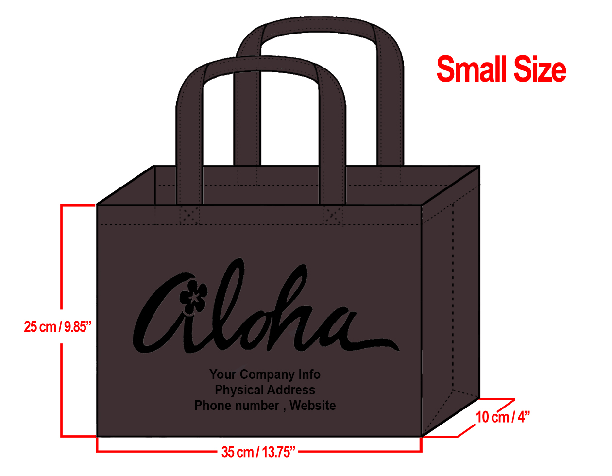 SMALL Brown-25x35x10cm Plumeria Aloha Design & Your Info In Bl
