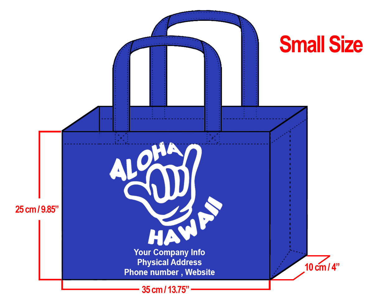 SMALL Navy-25x35x10cm Shaka Design & Your Info In White