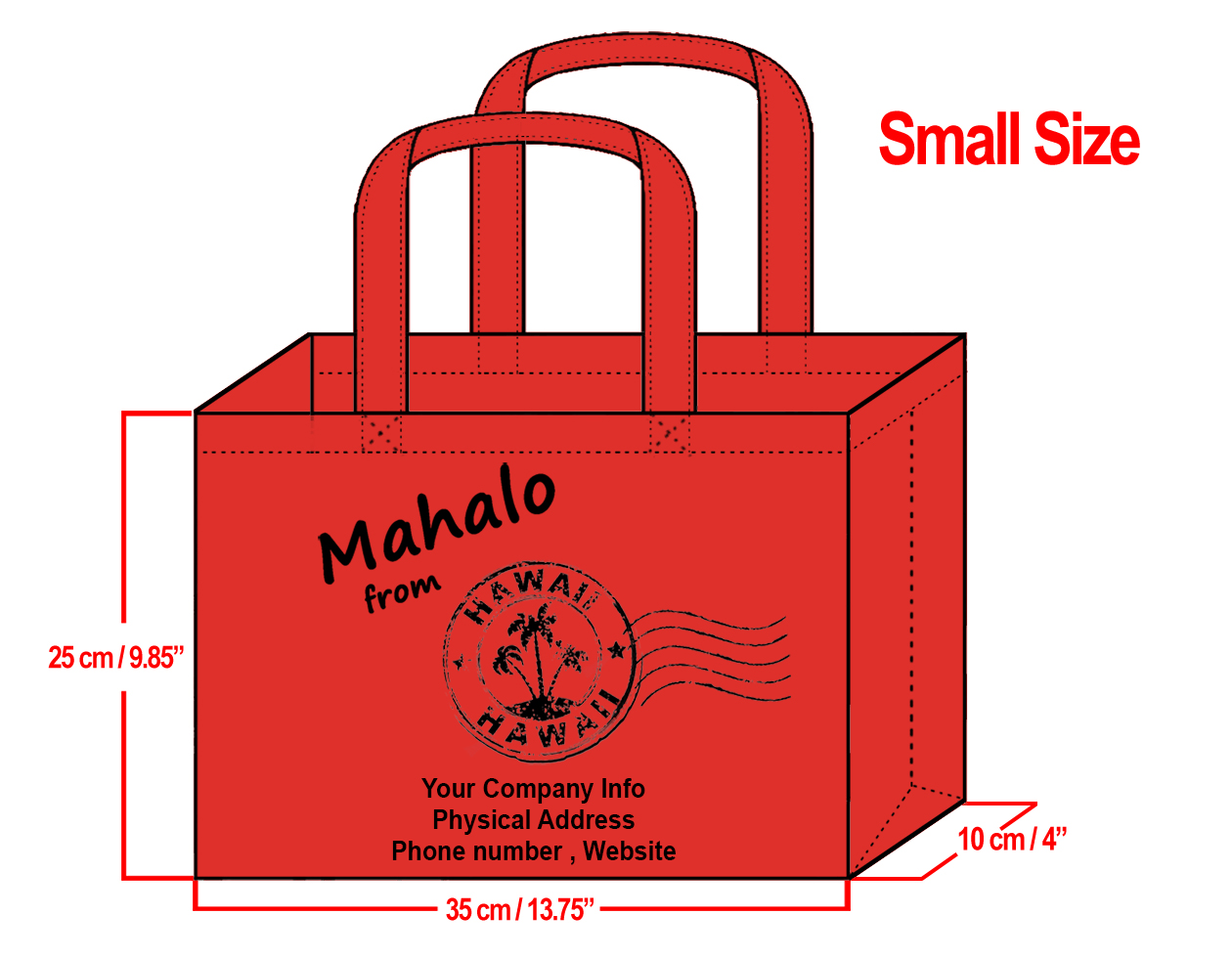 SMALL Red-25x35x10cm Mahalo from HI Design & Your Info In Black