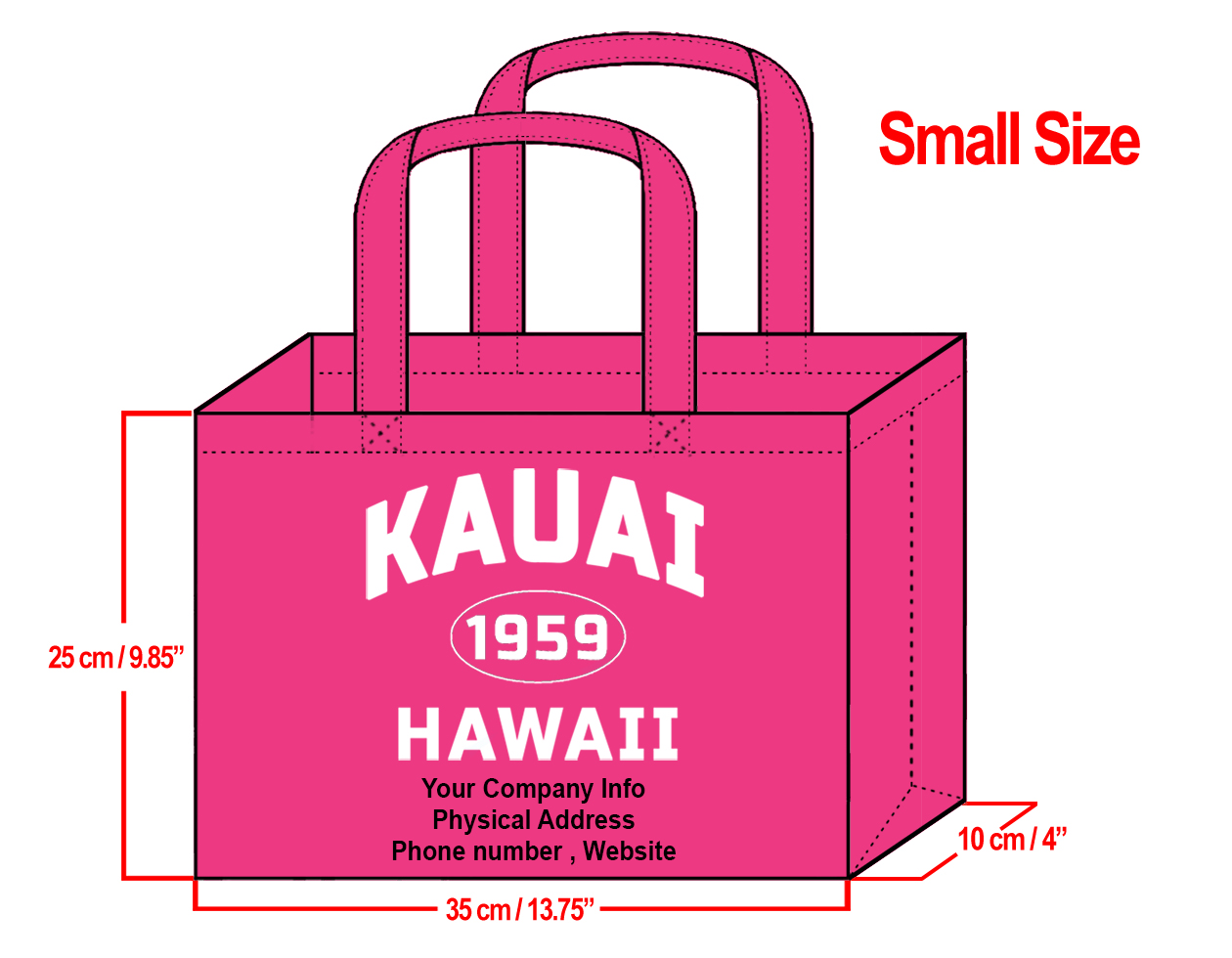 SMALL Fuchsia-25x35x10cm Kauai 1959 & Your Info In White