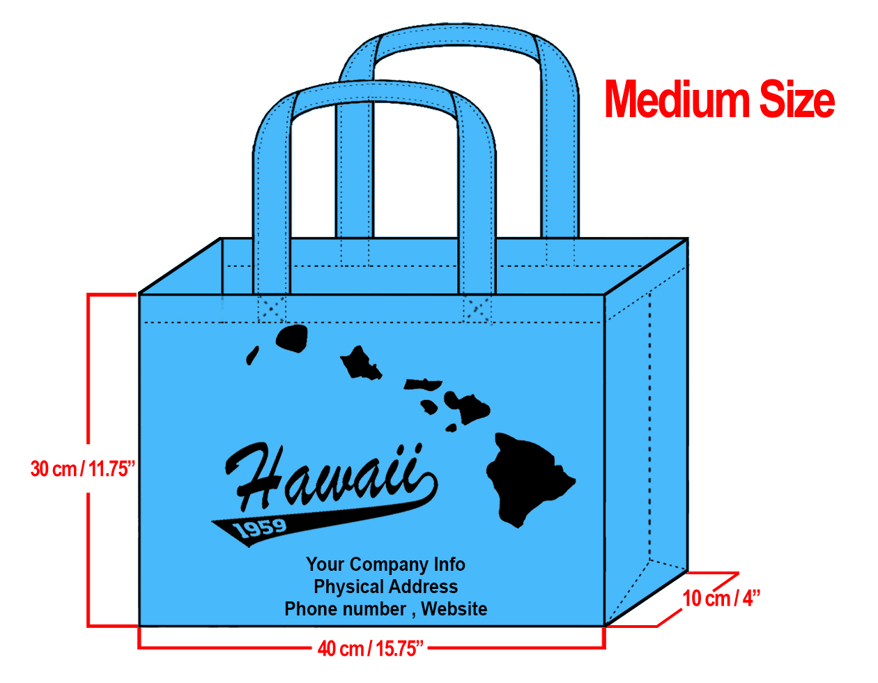 MEDIUM Teal-30x40x10cm Hawaii Island Design & Your Info In Black