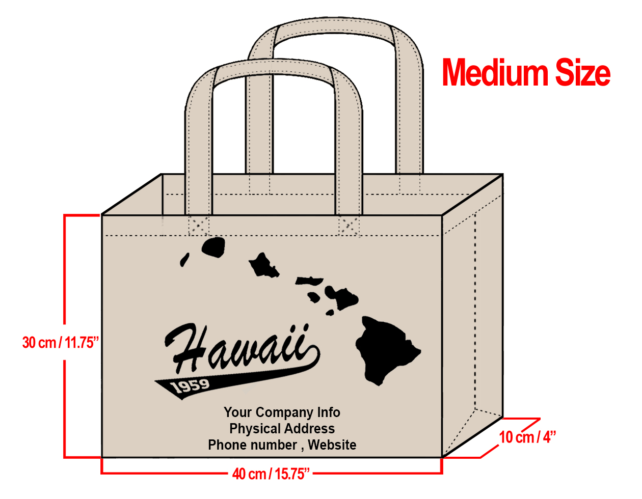 MEDIUM Cream-30x40x10cm Hawaii Island Design & Your Info In Blac
