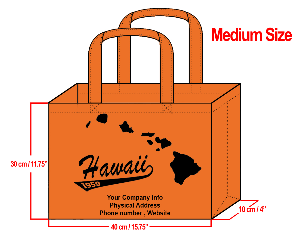 MEDIUM Orange-30x40x10cm Hawaii Island Design & Your Info In Bla