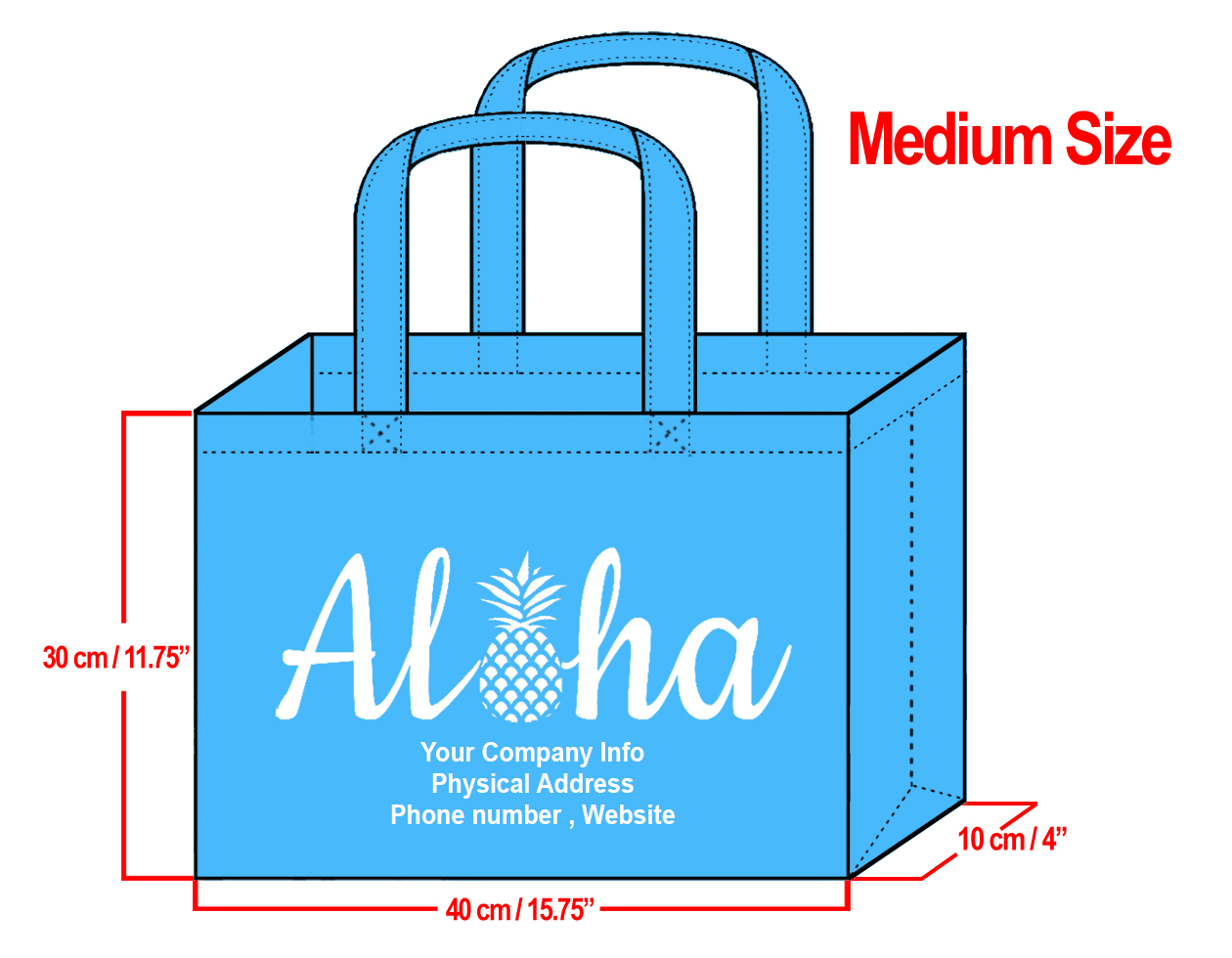 MEDIUM Teal-30x40x10cm Aloha Pineapple Design & Your Info In White