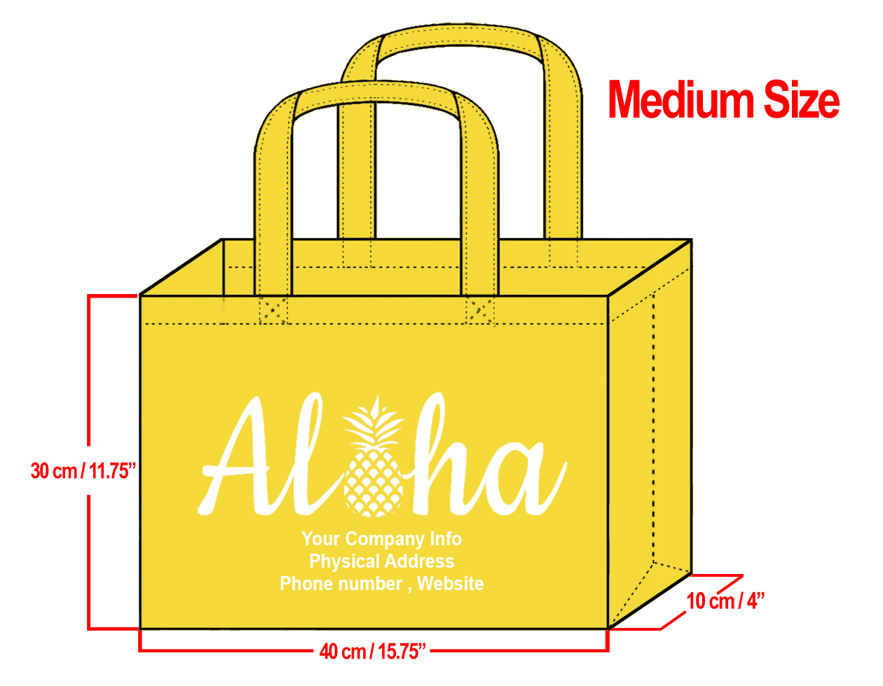 MEDIUM Yellow-30x40x10cm Aloha Pineapple Design & Your Info In
