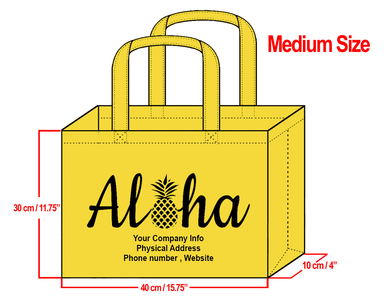 MEDIUM Yellow-30x40x10cm Aloha Pineapple Design & Your Info In