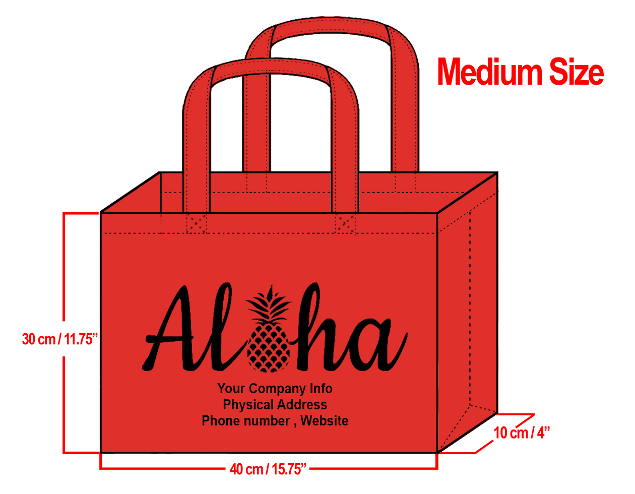 MEDIUM Red-30x40x10cm Aloha Pineapple Design & Your Info In Bla