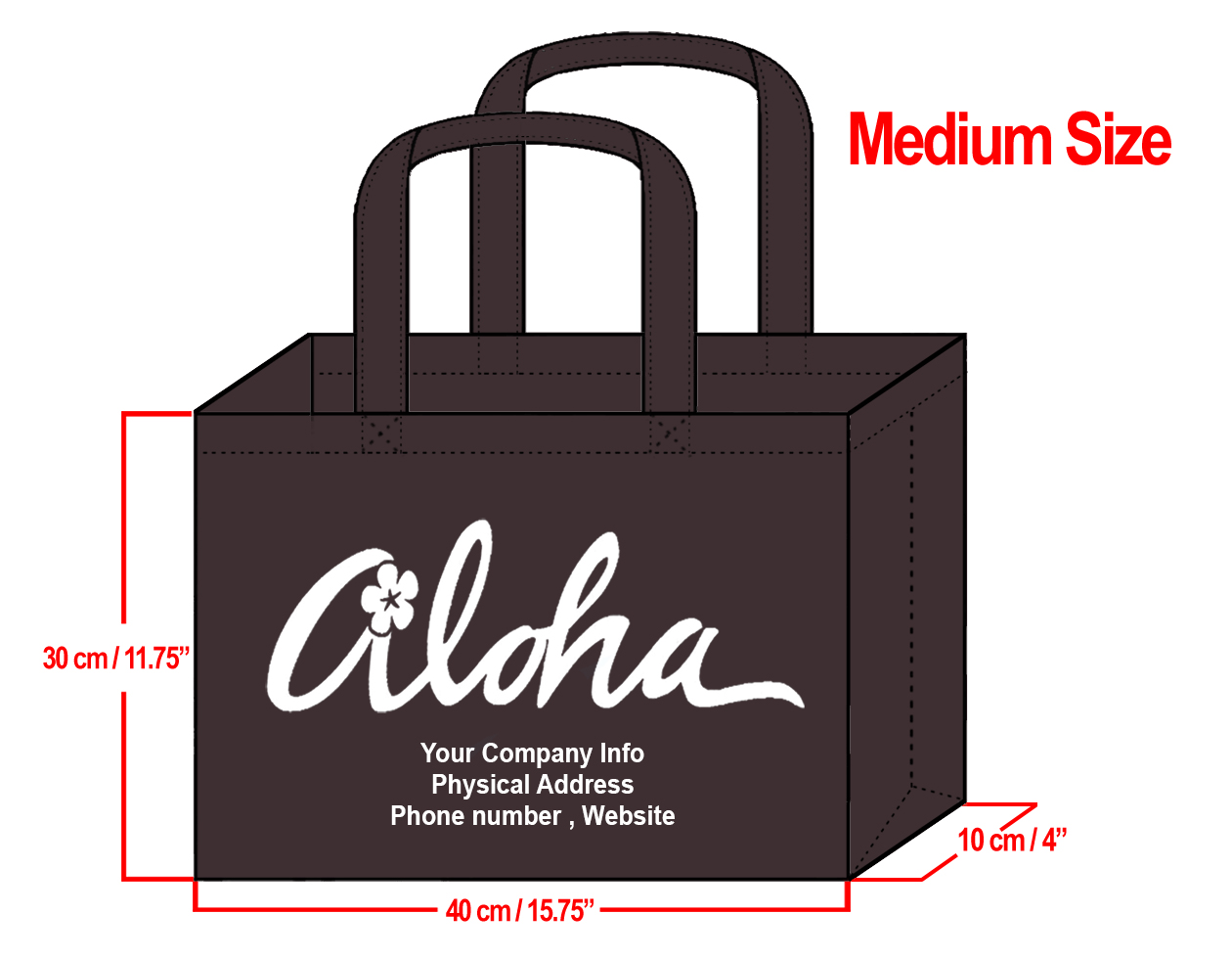 MEDIUM Brown-30x40x10cm Plumeria Aloha Design & Your Info In W
