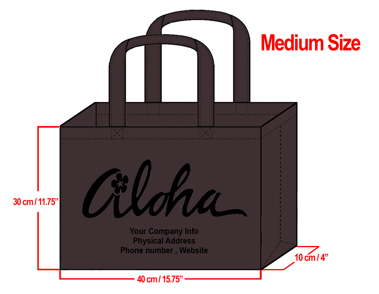 MEDIUM Brown-30x40x10cm Plumeria Aloha Design & Your Info In B