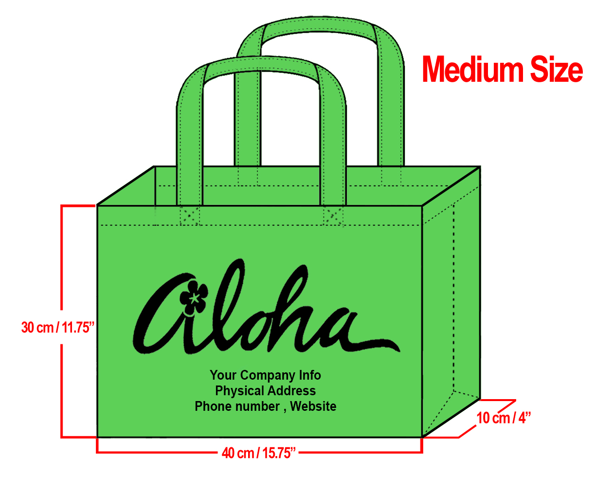 MEDIUM Green-30x40x10cm Plumeria Aloha Design & Your Info In B
