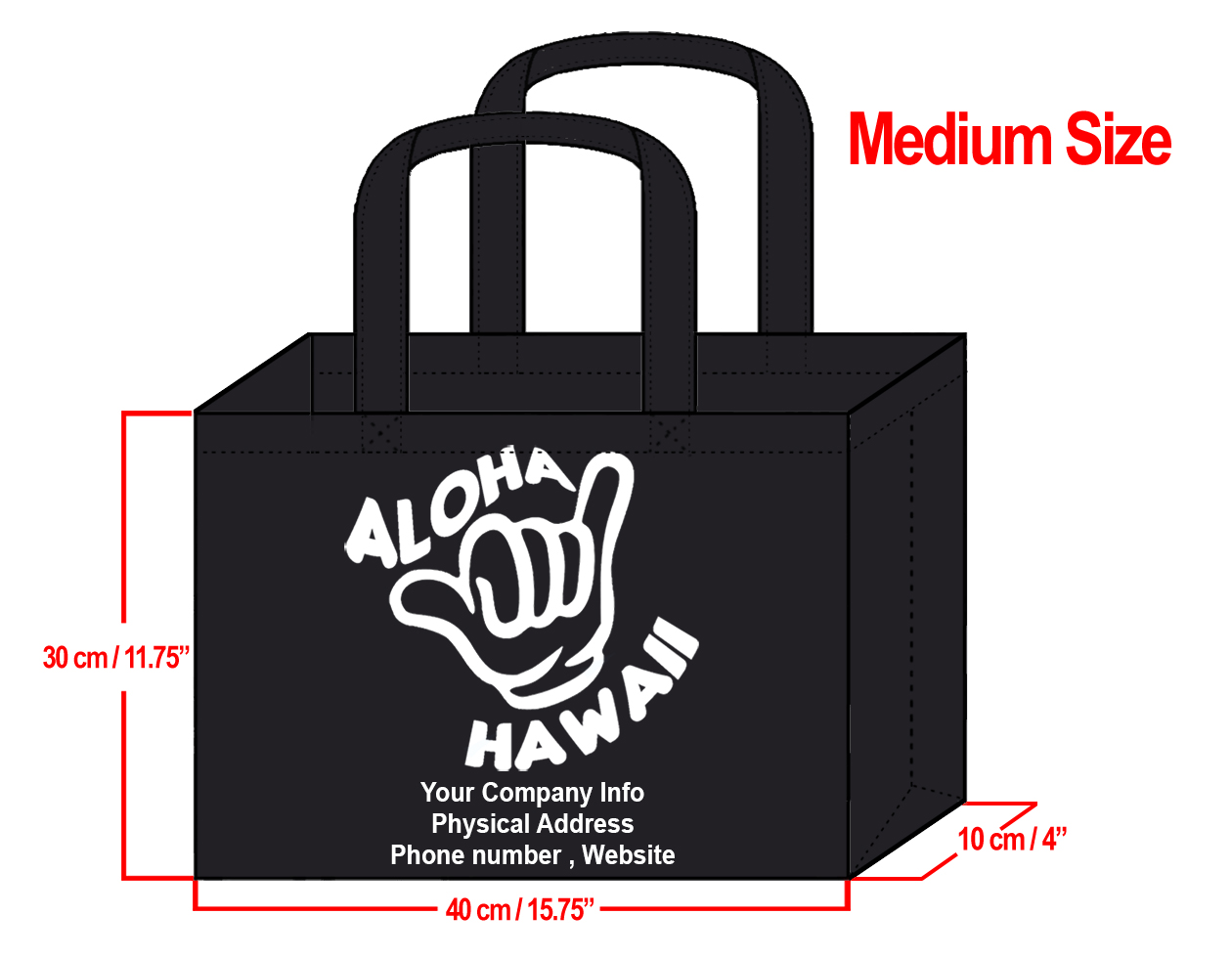 MEDIUM Black-30x40x10cm Shaka Design & Your Info In White