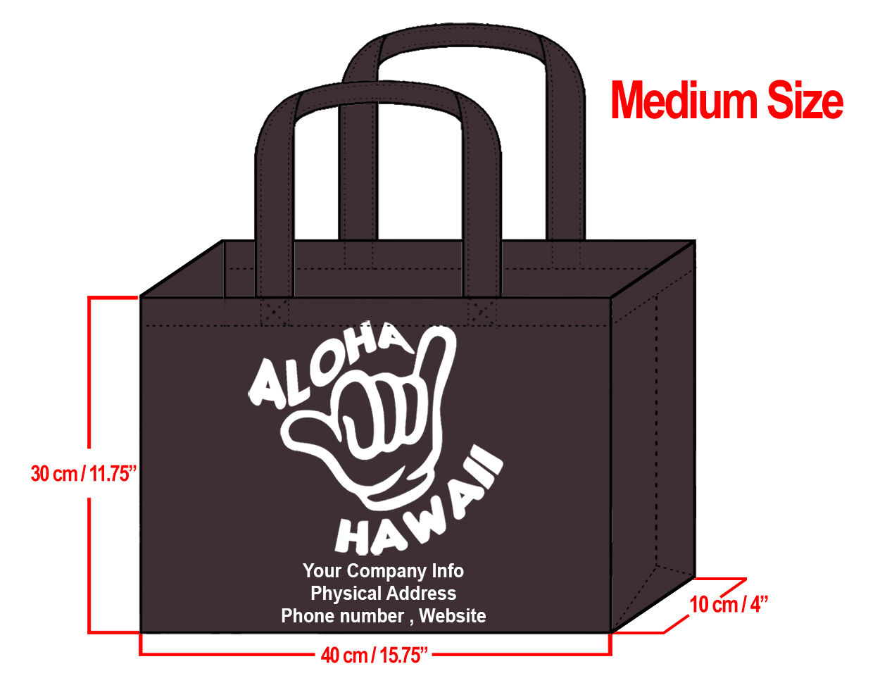 MEDIUM Brown-30x40x10cm Shaka Design & Your Info In White