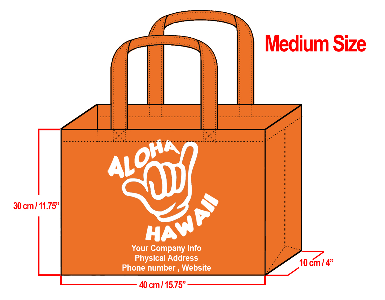 MEDIUM Orange-30x40x10cm Shaka Design & Your Info In White