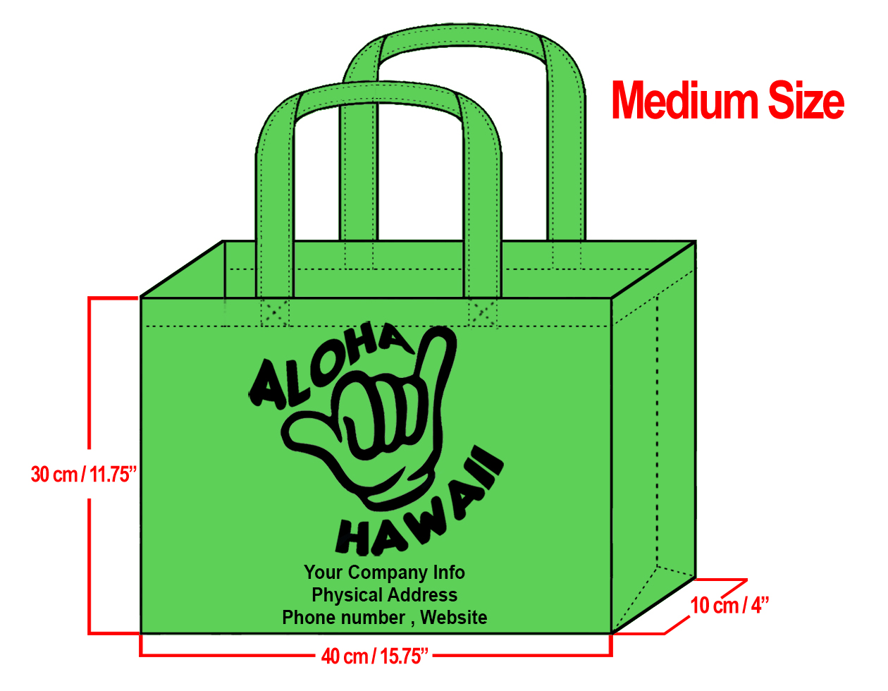 MEDIUM Green-30x40x10cm Shaka Design & Your Info In Black