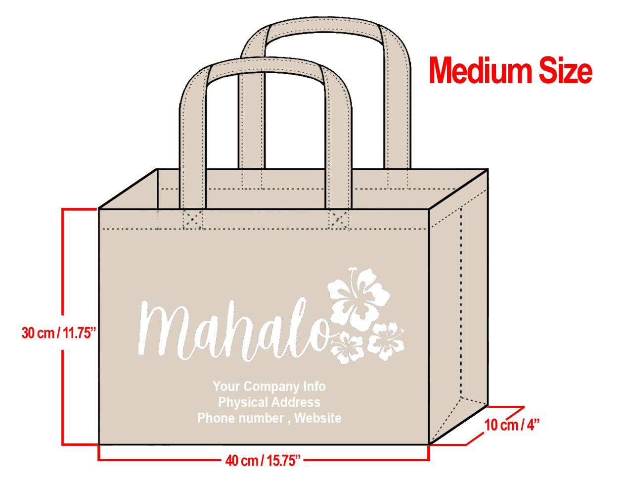 MEDIUM Cream-30x40x10cm Mahalo Hibiscus Design & Your Info In White