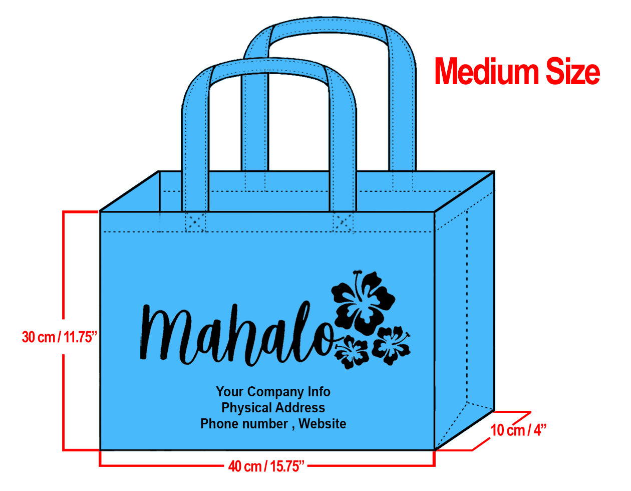 MEDIUM Teal-30x40x10cm Mahalo Hibiscus Design & Your Info In Bla