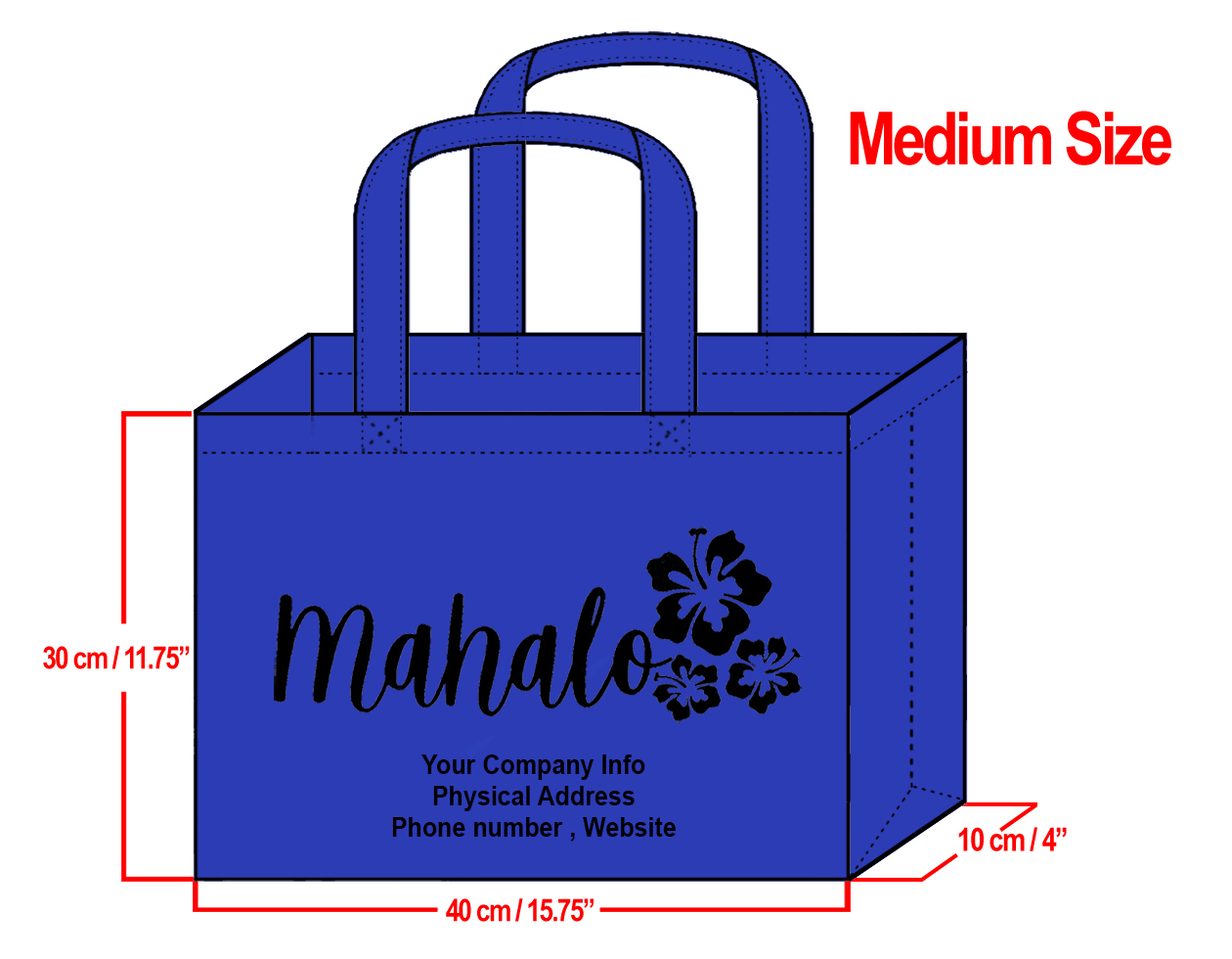 MEDIUM Navy-30x40x10cm Mahalo Hibiscus Design & Your Info In Bla