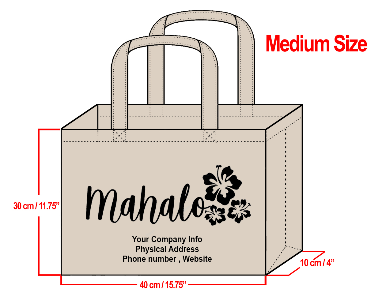 MEDIUM Cream-30x40x10cm Mahalo Hibiscus Design & Your Info In Bl