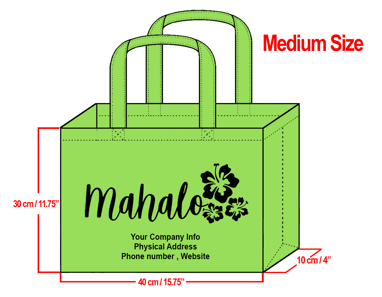 MEDIUM Lime-30x40x10cm Mahalo Hibiscus Design & Your Info In Bla