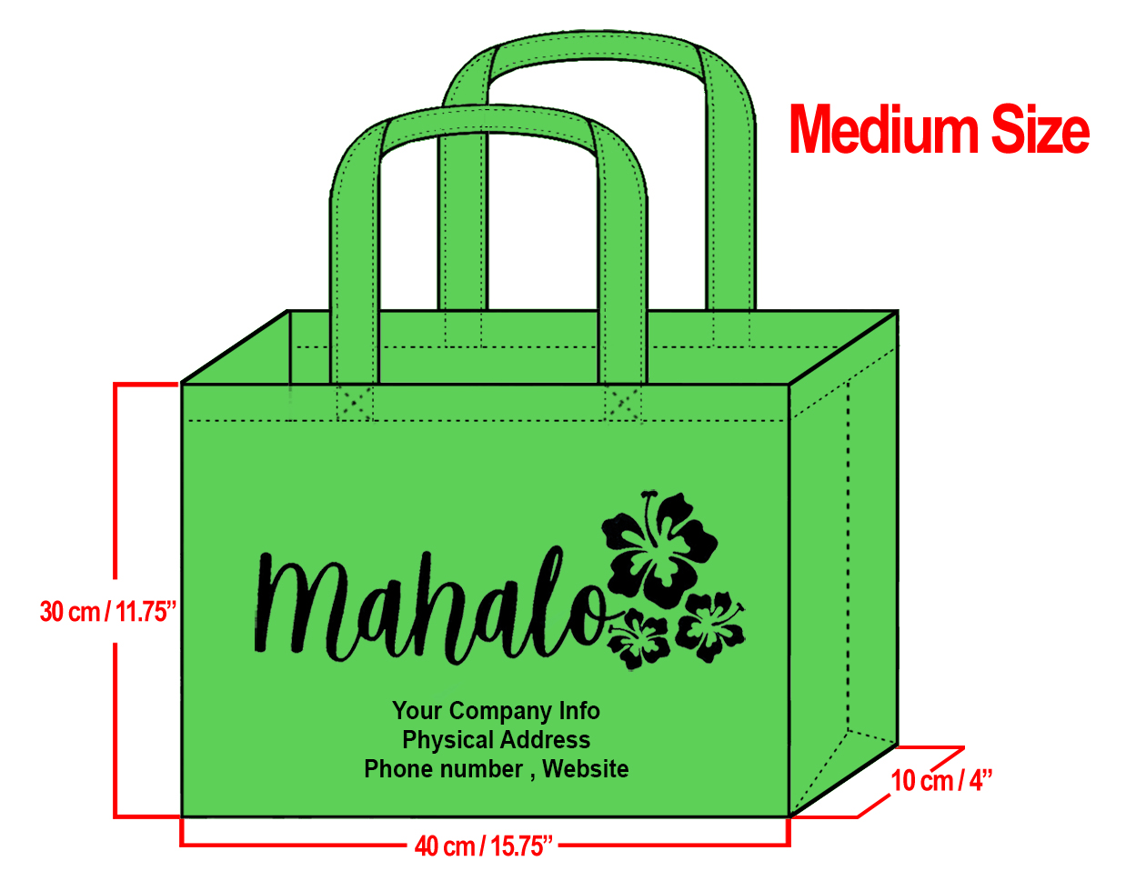 MEDIUM Green-30x40x10cm Mahalo Hibiscus Design & Your Info In Bl