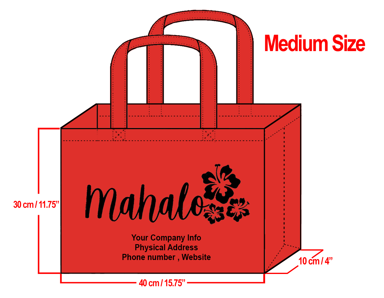 MEDIUM Red-30x40x10cm Mahalo Hibiscus Design & Your Info In Blac