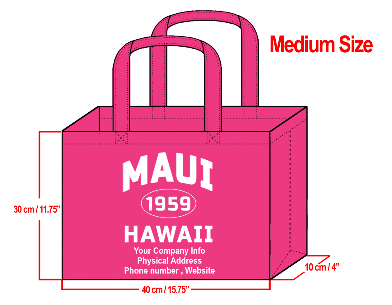 MEDIUM Fuchsia-30x40x10cm Maui 1959 & Your Info In White