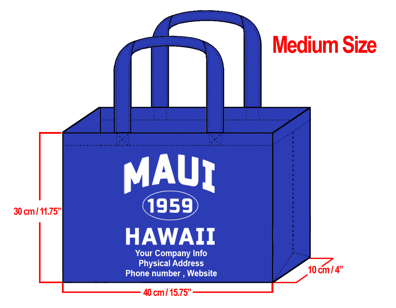 MEDIUM Navy-30x40x10cm Maui 1959 & Your Info In White