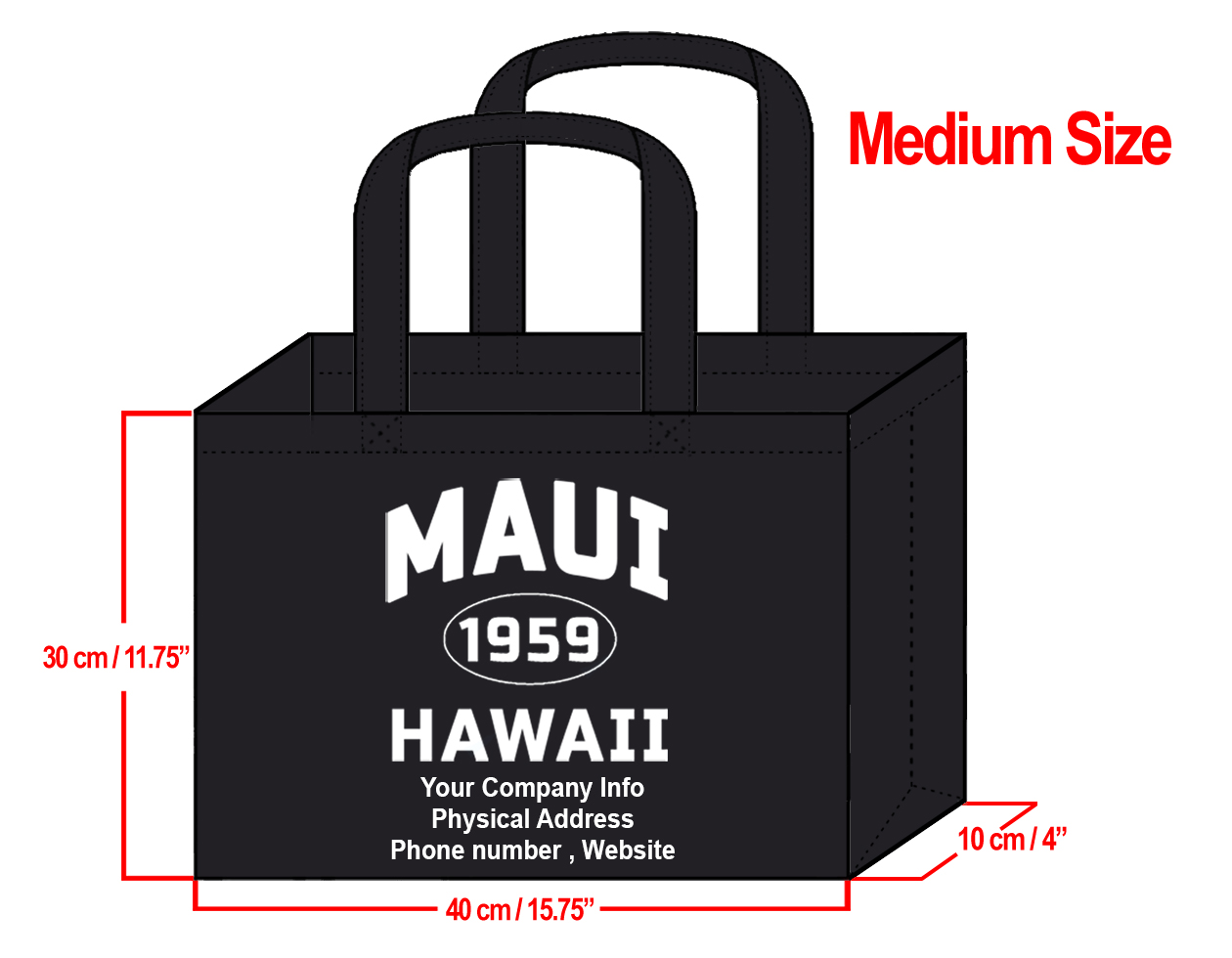 MEDIUM Black-30x40x10cm Maui 1959 & Your Info In White