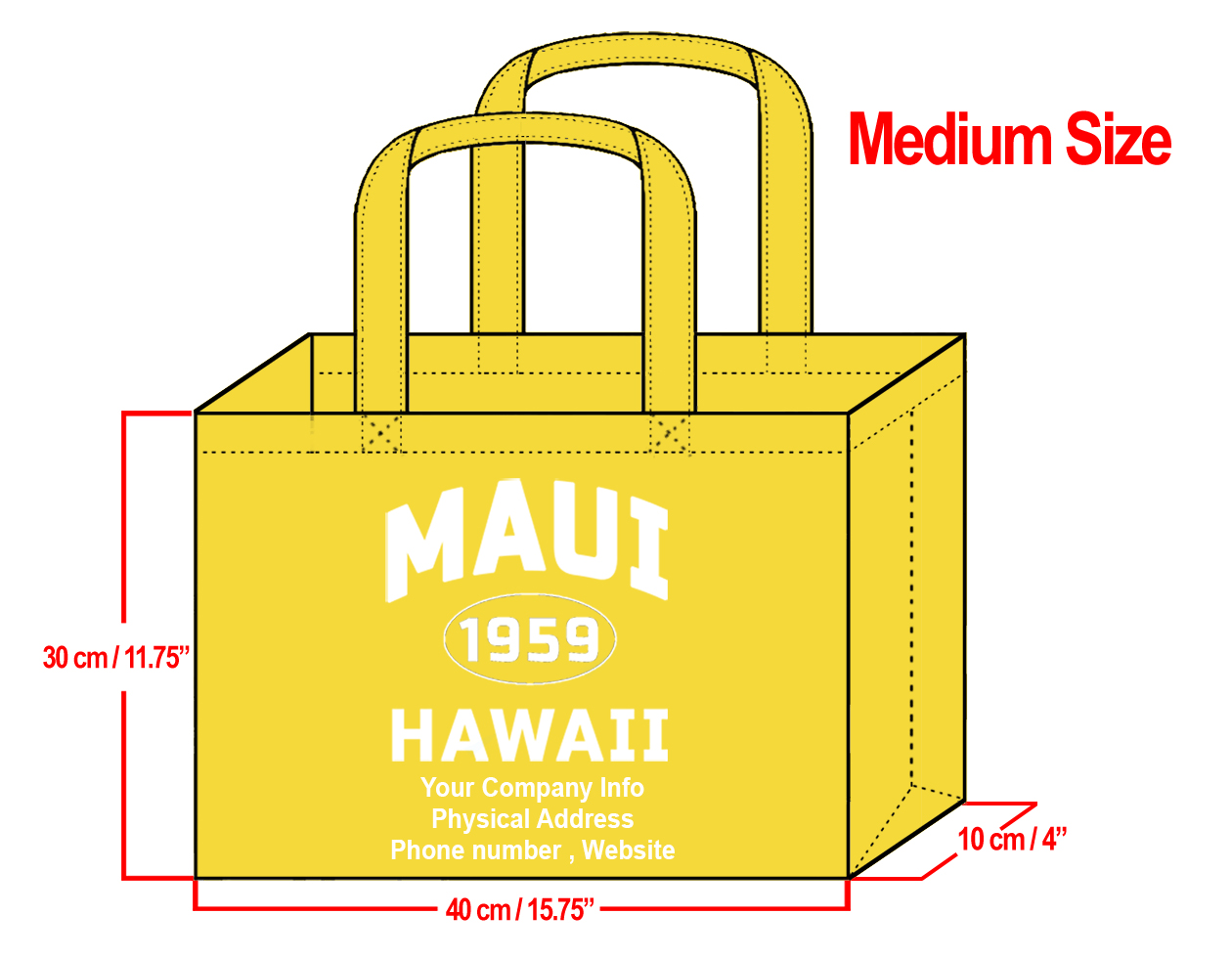 MEDIUM Yellow-30x40x10cm Maui 1959 & Your Info In White
