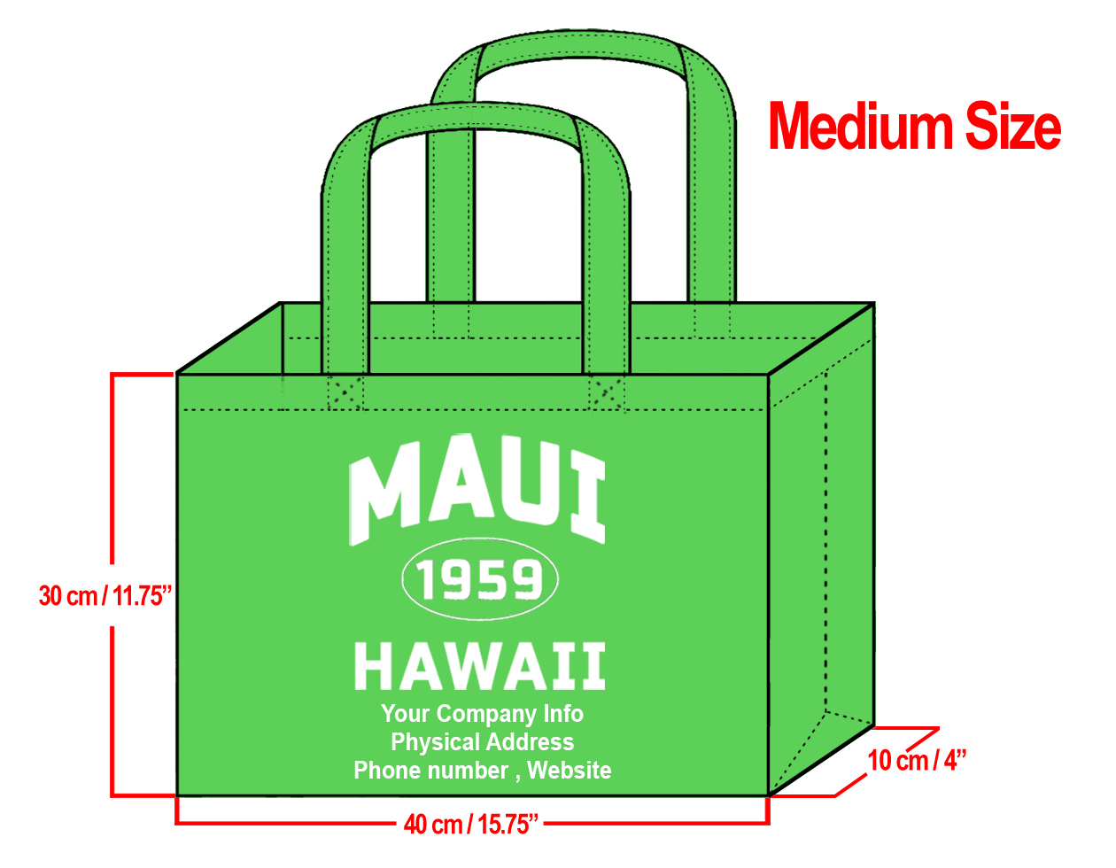MEDIUM Green-30x40x10cm Maui 1959 & Your Info In White
