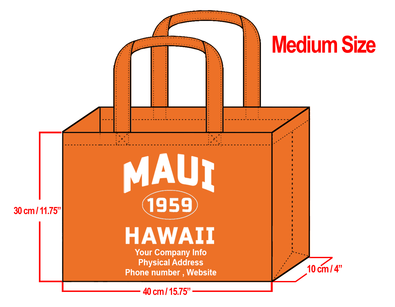 MEDIUM Orange-30x40x10cm Maui 1959 & Your Info In White