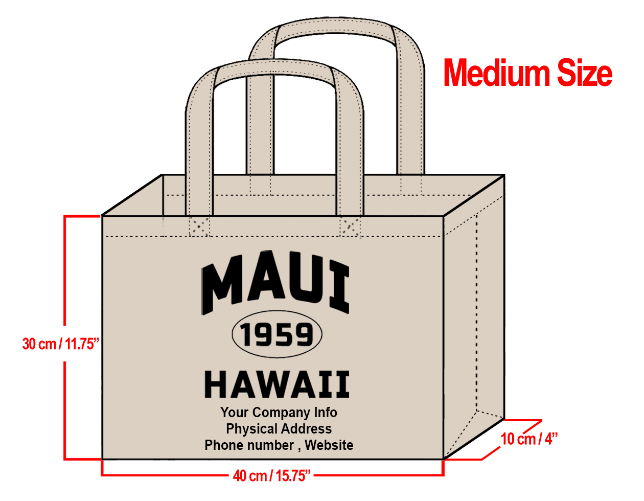 MEDIUM Cream-30x40x10cm Maui 1959 & Your Info In Black