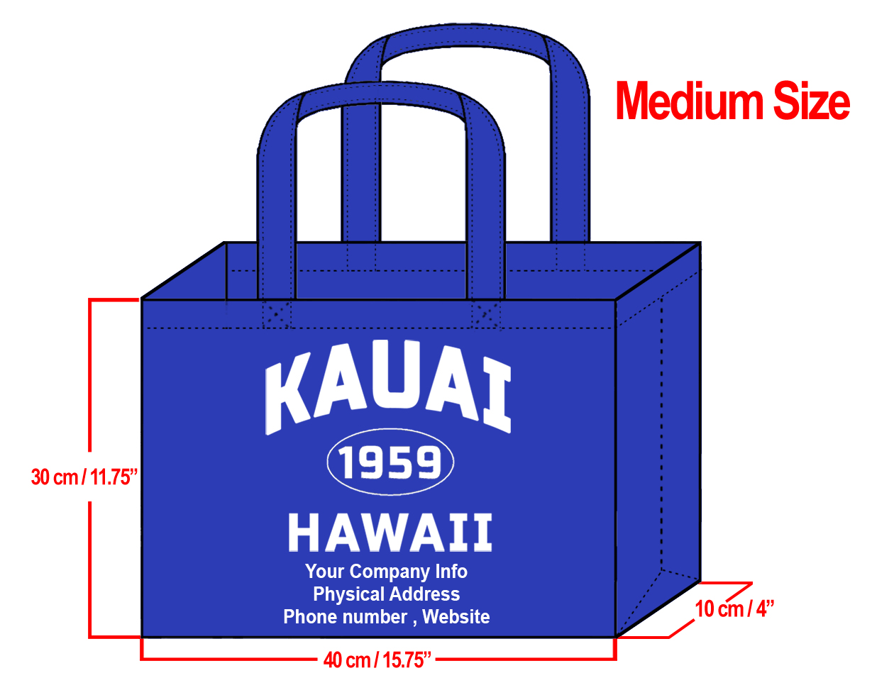 MEDIUM Navy-30x40x10cm Kauai 1959 & Your Info In White