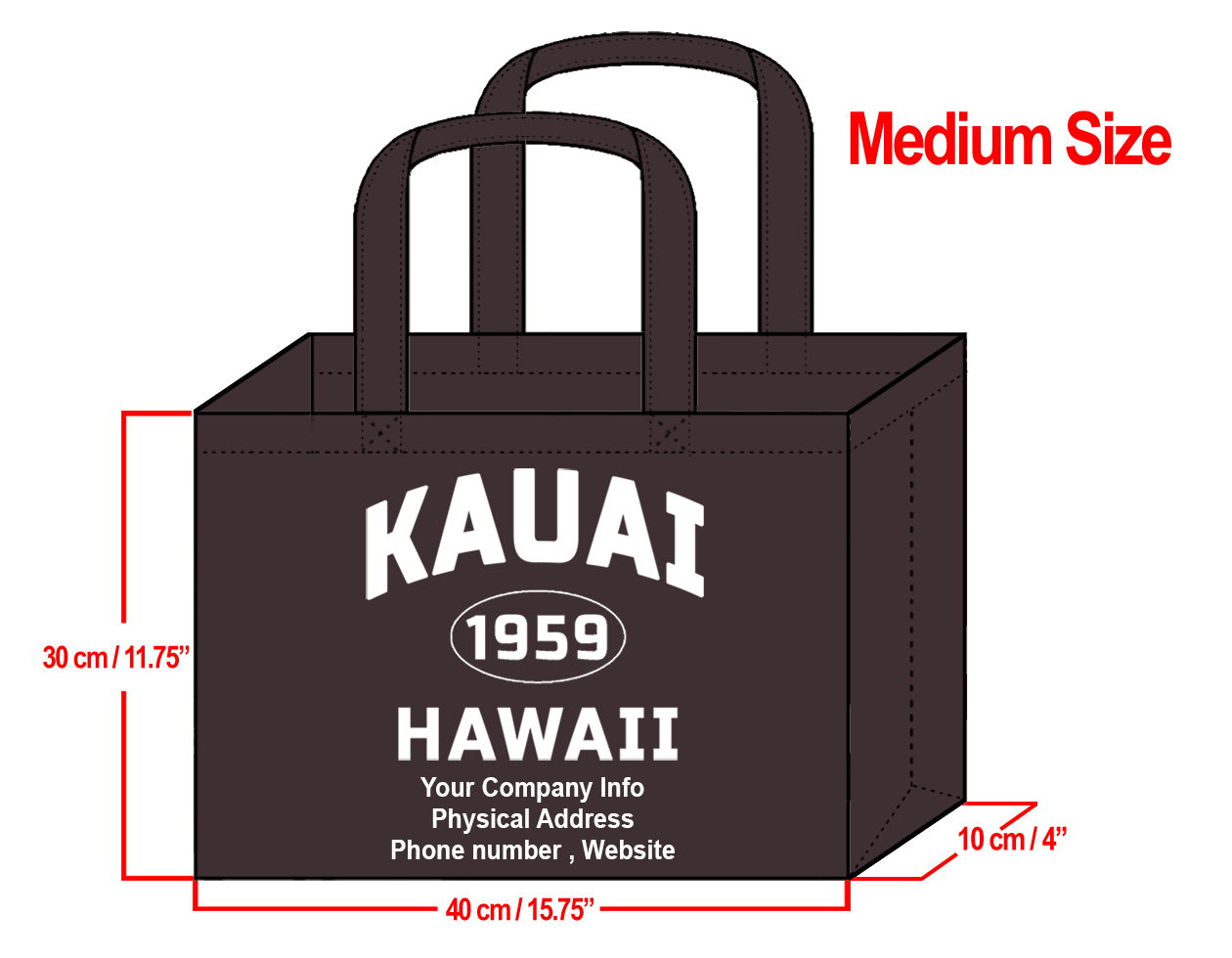 MEDIUM Brown-30x40x10cm Kauai 1959 & Your Info In White