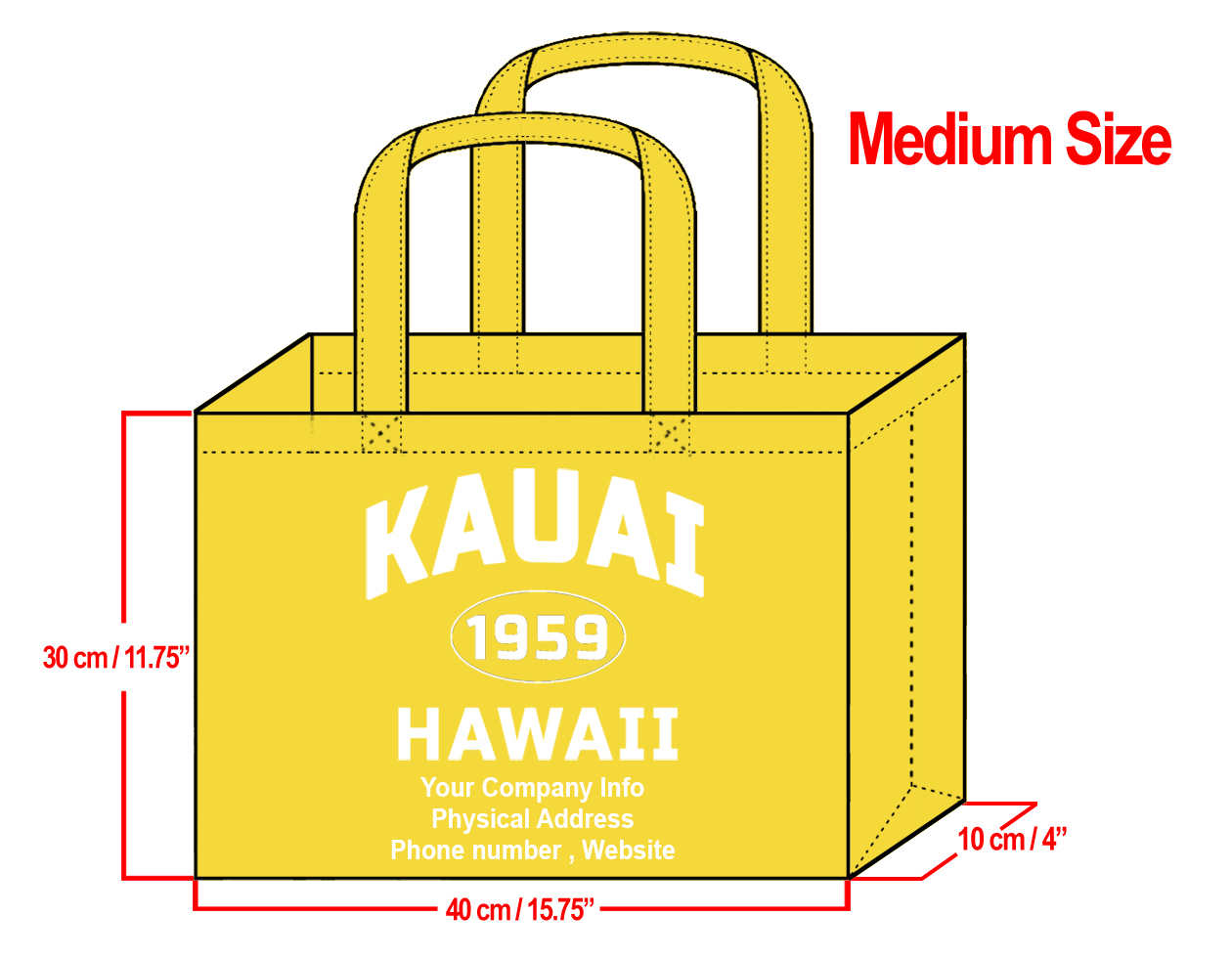 MEDIUM Yellow-30x40x10cm Kauai 1959 & Your Info In White