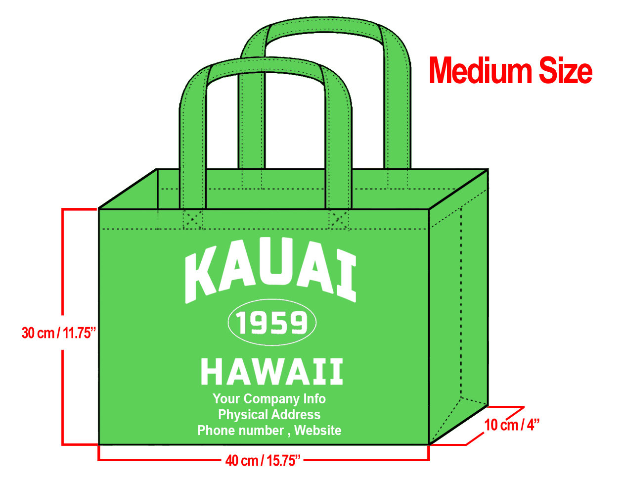 MEDIUM Green-30x40x10cm Kauai 1959 & Your Info In White