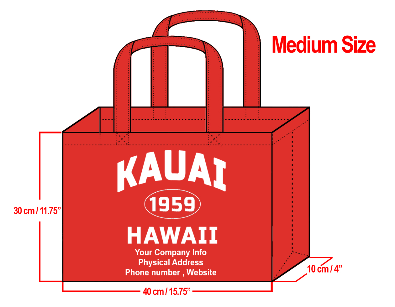 MEDIUM Red-30x40x10cm Kauai 1959 & Your Info In White