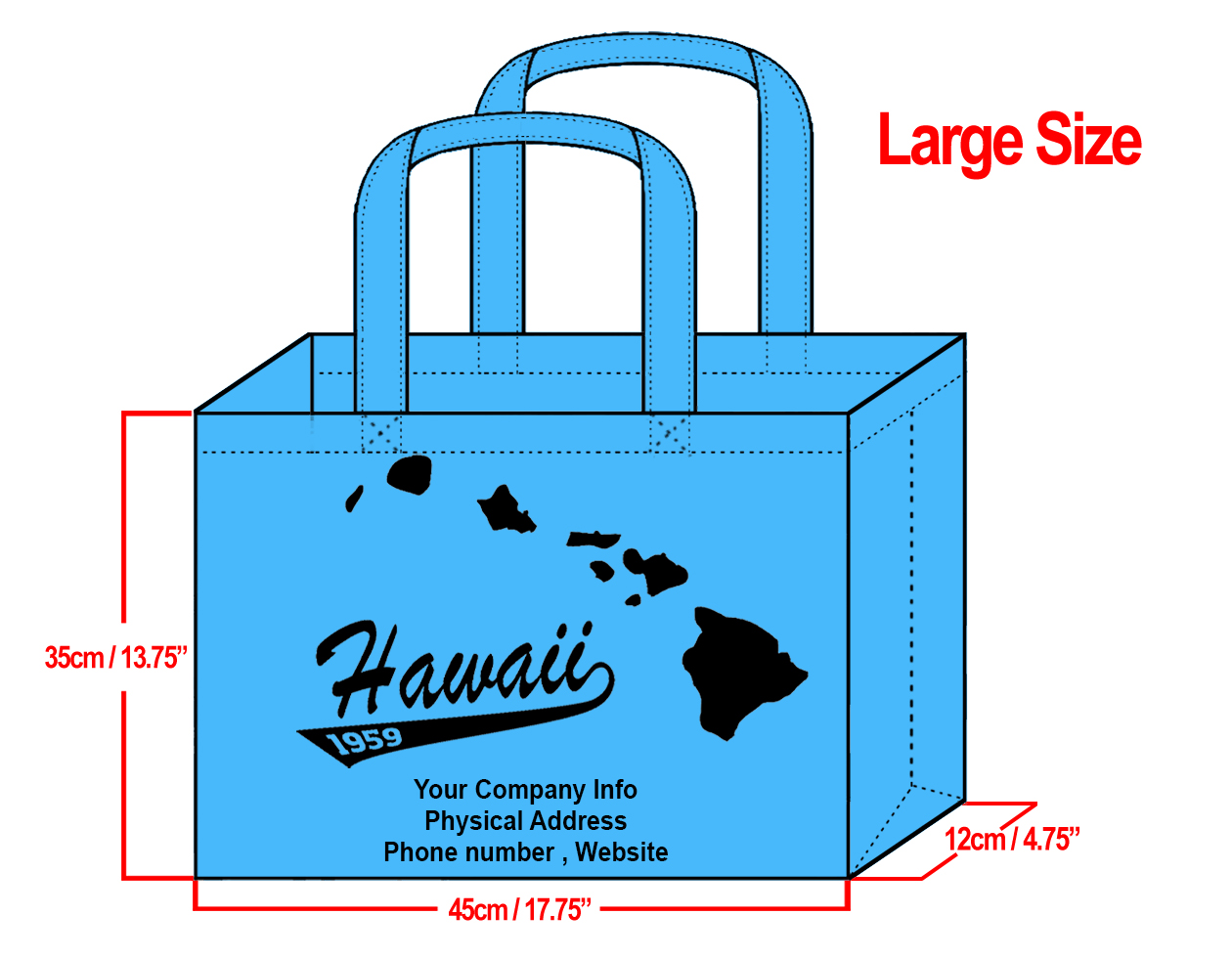 LARGE Teal-35x45x12cm Hawaii Island Design & Your Info In Black