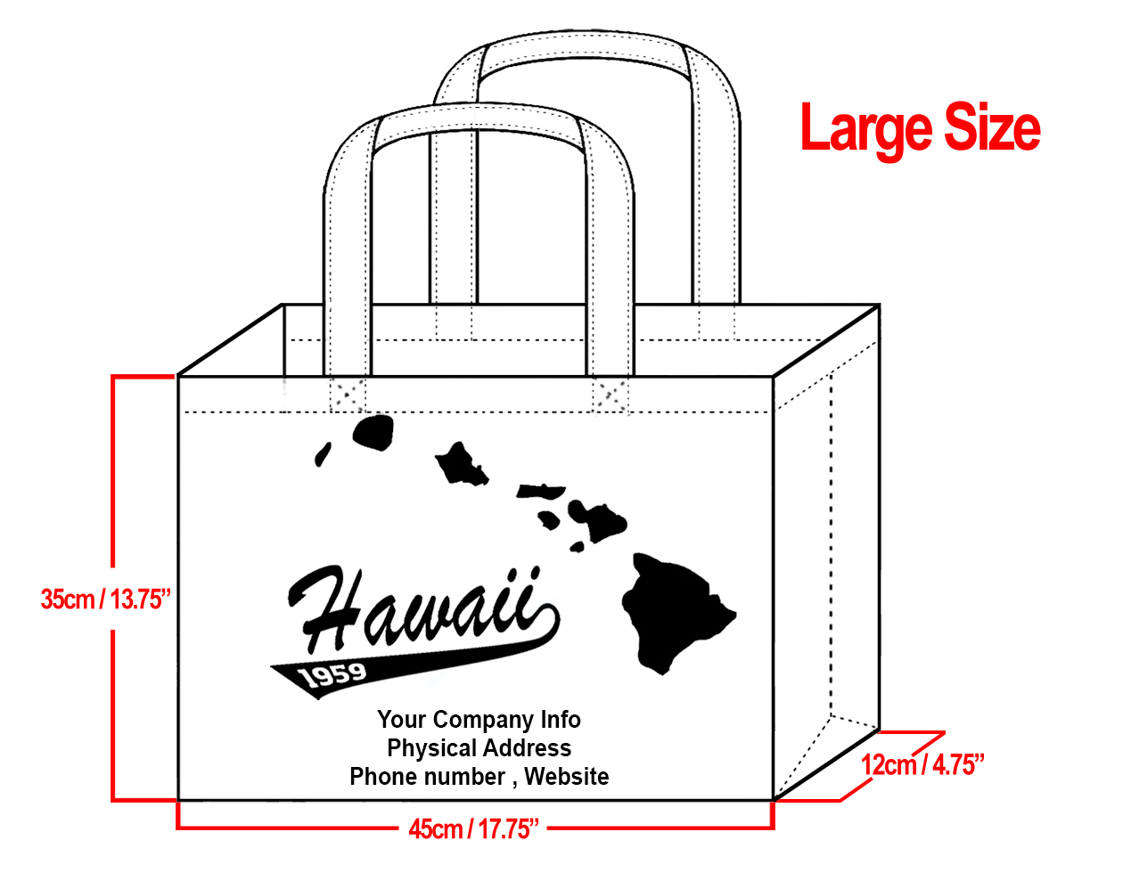 LARGE White-35x45x12cm Hawaii Island Design & Your Info In Black