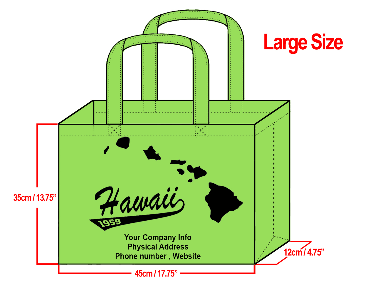LARGE Lime-35x45x12cm Hawaii Island Design & Your Info In Black